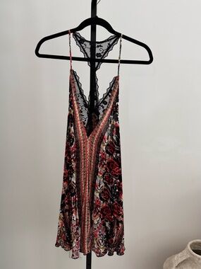 Free People Lace-Trim Printed Slip Dress in Black, Red and Cream